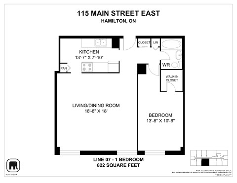 Floor plan for 1 bed, 1 bath, 825 sqft